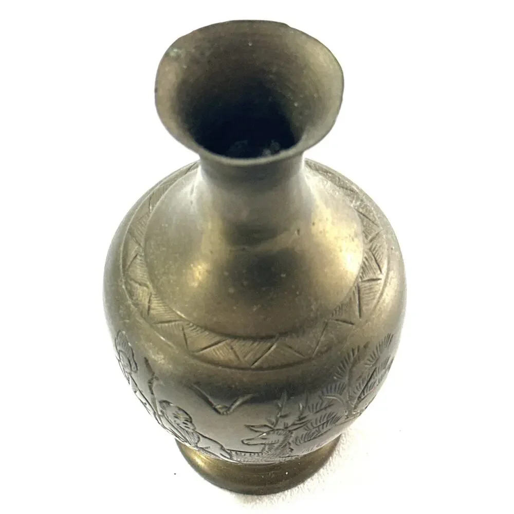 Solid Mid 20th Century Hand Engraved Asian Brass Vase 5” Family & Stag Deer